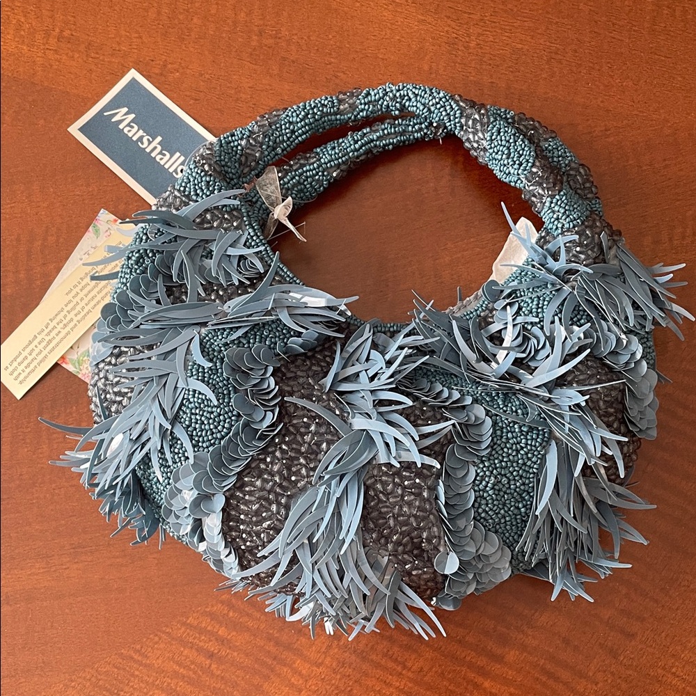 Textured Blue Beaded Bag Made in India